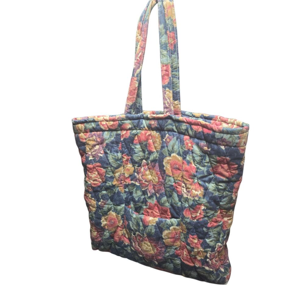 Vintage Floral Quilted Tote Bag Multicolor Shoulder Strap, Inner Pockets